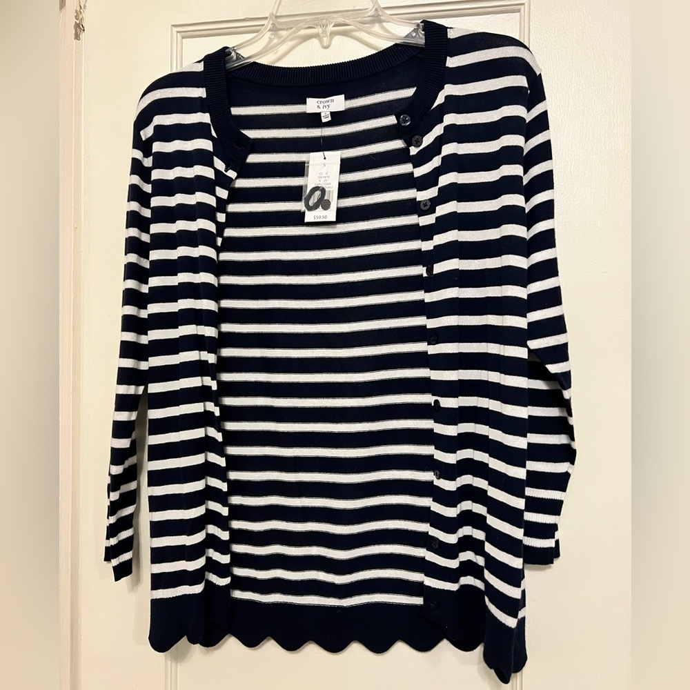 Crown & Ivy Navy Striped Cardigan with Scalloped Edge